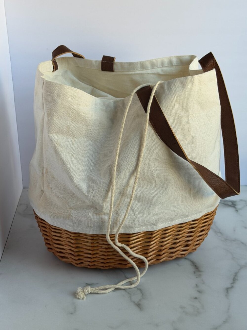 Picnic Time Canvas & Wicker Picnic Basket Tote Bag with Leather Handles